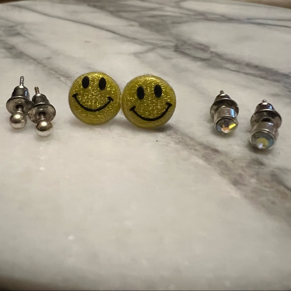 🙂 (3) Yellow Smiley Face, Ball, Yellow Stone Stud Earrings